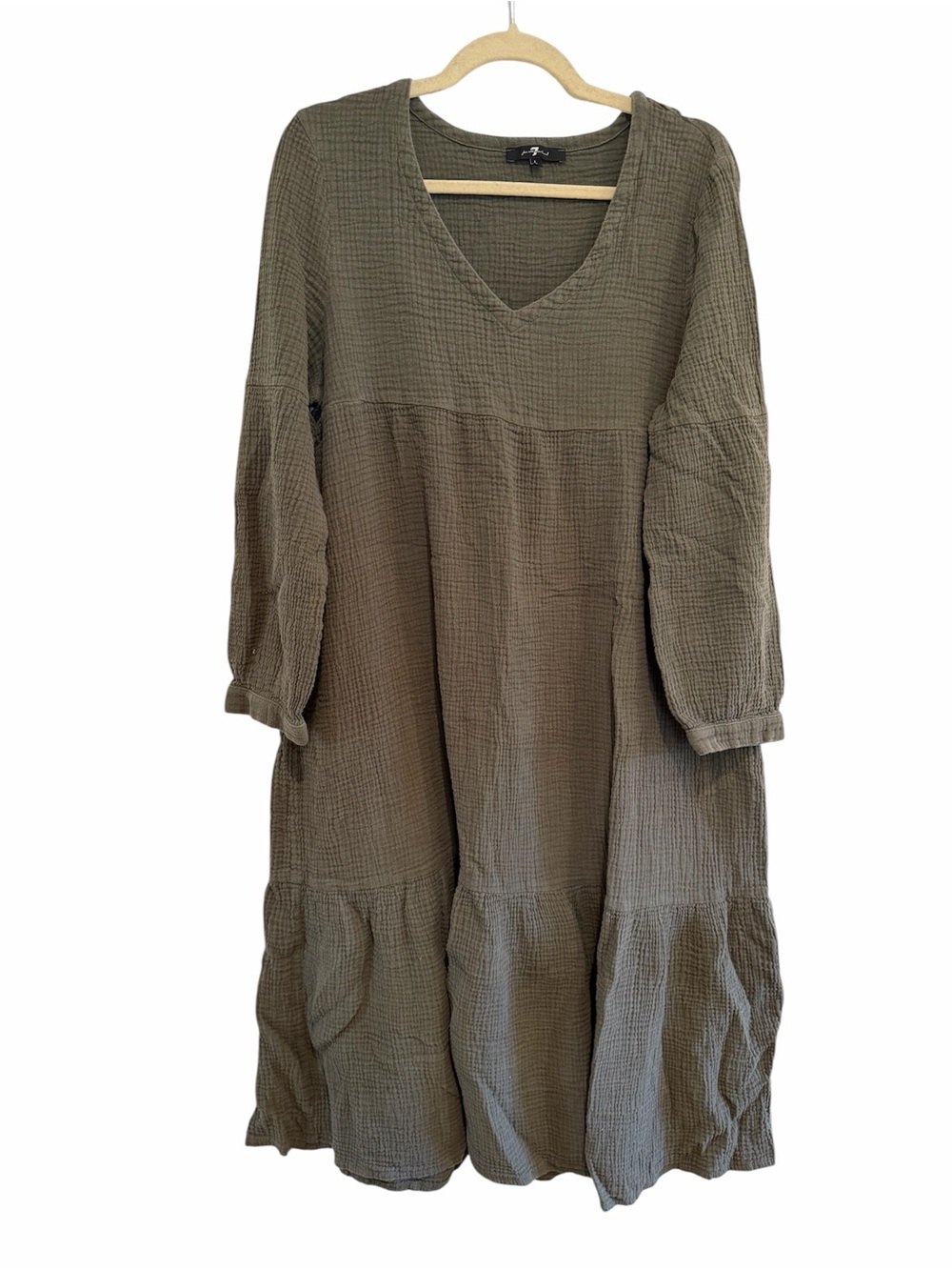 7 For All Mankind Olive V-Neck Long Sleeve Tiered Dress